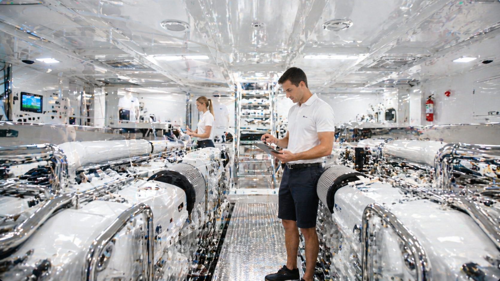 Modern superyacht engine room for technical and operational support