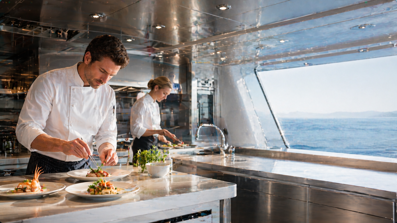 Luxury superyacht galley with professional yacht chefs
