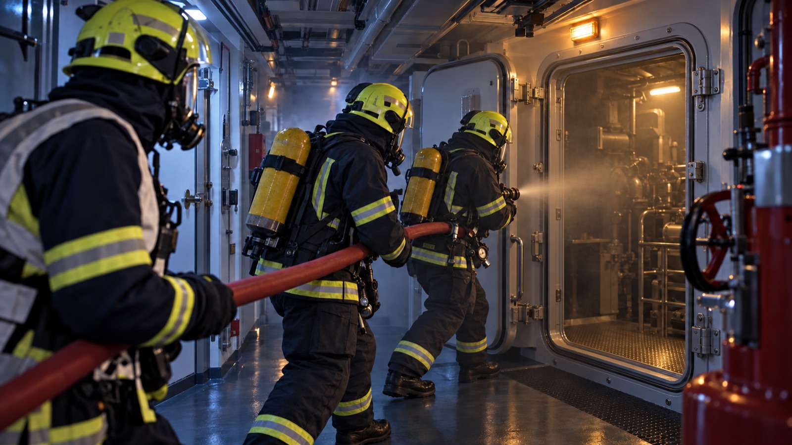 Yacht emergency team in full breathing apparatus during a machinery-space fire drill.